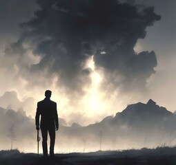 Obraz premium Illustration of man in suit silhouette with dramtaic background.