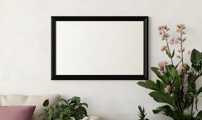 Fototapeta premium Horizontal picture frame mockup on white wall, Generative AI 