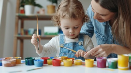 Fototapeta premium A mother and child engage in creative painting together, surrounded by vibrant colors and art supplies, fostering creativity and bonding.