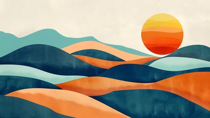 A whimsical landscape with rolling hills and a bright sun on a solid background