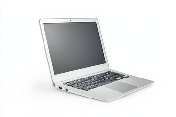A silver laptop with a blank screen on a white background, a simple design, a flat vector illustration style, high resolution, professional photography, sharp focus, hyper-detailed, isolated in the mi