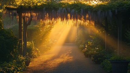Obraz premium Golden Hour Serenity: Sunbeams Through Wisteria