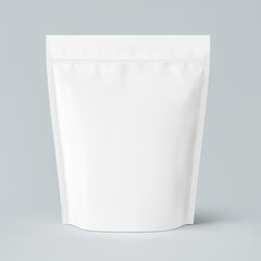 Realistic stand up pouch bag with zip lock mockup with transparent shadow. Front view. Vector illustration isolated on grey background. Ready for your design. EPS10.