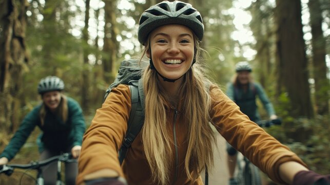 Happy woman mountain biking with friends in forest.