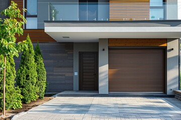 Modern building with automatic roll up gate and push up door.