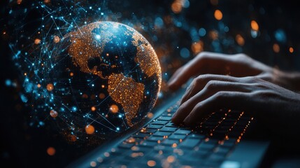 use computer with global network connection big data analytics and business intelligence concept globe with point and line concept of global business e commers digital link tec