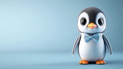 Obraz premium A cartoon penguin wearing a blue bow tie stands against a blue background.