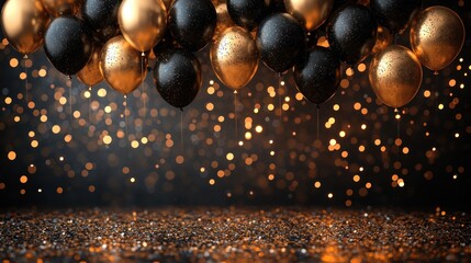 Naklejka premium Birthday Party Decoration Black Gold Balloons Elegant Celebration Invitation Template Background
