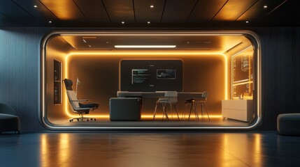 Futuristic office interior with amber lighting, modern furniture, and large screens displaying code. Ideal for tech, innovation, and future concepts.