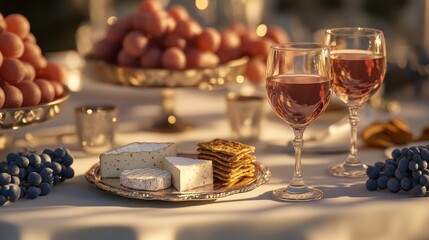 Elegant outdoor table setting with ros? wine, cheese, crackers, and grapes at sunset.