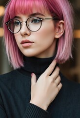 Fototapeta premium Closeup portrait of a young woman with pink hair, wearing black turtleneck sweater and round glasses. Her hand rests gently on her neck. The background is blurred.
