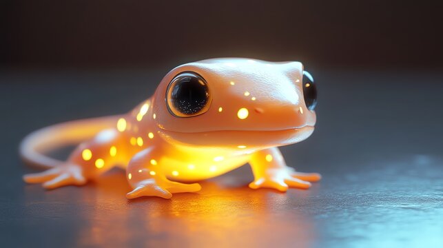 A 3D rendered image of a gecko with a bright orange head and large eyes, on an orange background.