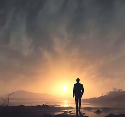 Obraz premium Illustration of man in suit silhouette with dramtaic background.