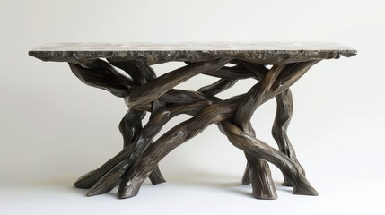 A unique wooden table with an artistic, intertwined base and a smooth stone top.
