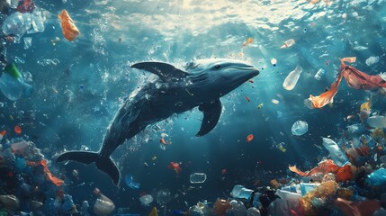 Fototapeta premium Dolphin in Plastic Ocean: A Cry for Help