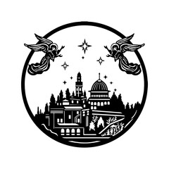 Holy Night silhouette - Nativity scene of baby Jesus silhouette in a manger with Mary and Joseph with the three wise men. Christian Christmas silhouette of animals. Illustration for children.