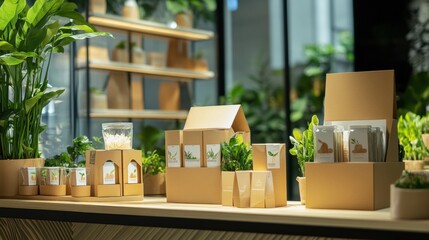 Eco-friendly products displayed on a wooden counter with plants.