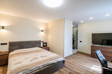 interior room apartment bedroom with bed, cozy place to sleep and relax