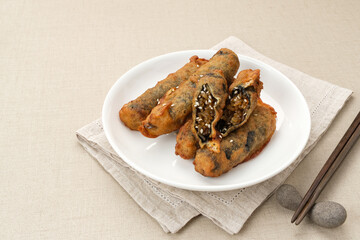 Gimmari or Kimmari, made from seaweed rolls filled with vermicelli or japchae. Korean food
