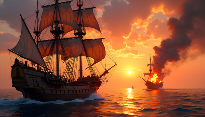 Obraz premium A galley warship sailing in the sunset light.