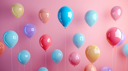 Colorful balloons floating in the air against a solid pastel background