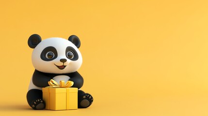 A cute cartoon panda sitting with a present.