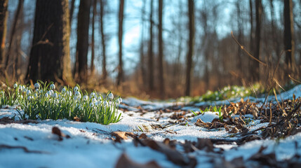 Snowdrops in forest with melting snow