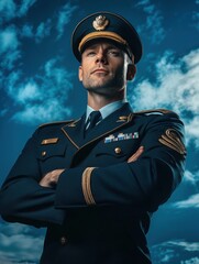 A photorealistic portrait of a handsome pilot in uniform, arms crossed and looking confidently at the camera, set against a blue sky background. 