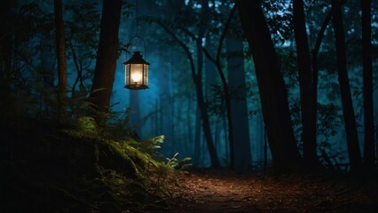 A solitary lantern hanging from a tree branch in a misty forest, emitting a soft glow