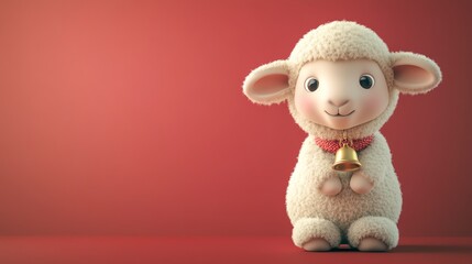Fototapeta premium A cartoon lamb with big eyes and a bell around its neck stands against a pink background.