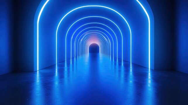 A mesmerizing blue neon tunnel with glowing arches, creating a futuristic and immersive atmosphere.