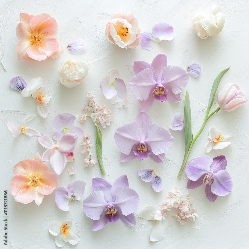 Poster An artistic display features delicate orchids alongside various soft flowers, all set against a light background, highlighting their vibrant colors and intricate shapes.