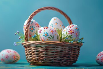 Easter eggs in a wicker basket with floral designs