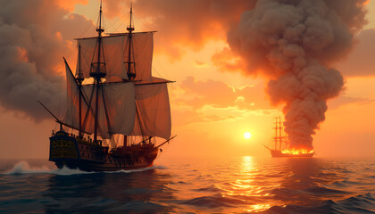 Fototapeta premium A galley warship sailing in the sunset light.