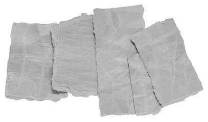 Stack of grey gray crumpled wrinkled crushed pieces scraps, stripes or snippets of torn paper, isolated png transparent background design element