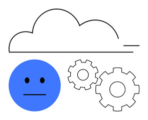 Cloud icon, blue neutral face, and two white gears. Ideal for cloud computing, workflow, emotion analysis, technology, efficiency business processes innovation themes. Line metaphor
