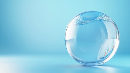 A transparent glass sphere reflecting light against a soothing blue background.
