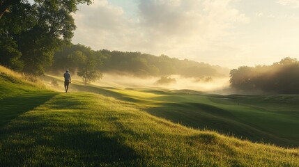 At dawn, golden light bathes the verdant golf course, illuminating the rolling landscape and casting a tranquil glow over the fog-covered fairways and greens.