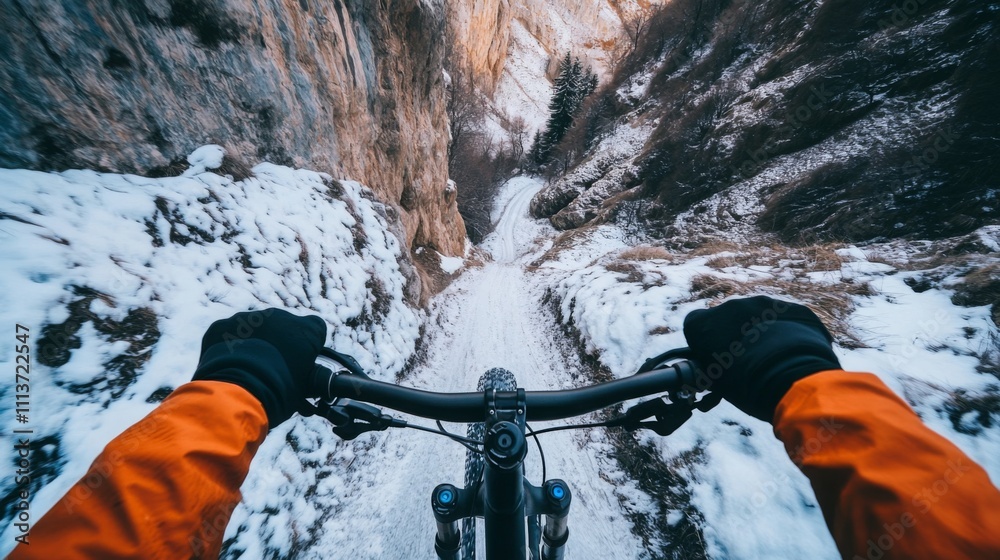 Poster navigating a snowy trail on a bike, with hands gripping the handlebars, showcasing a point-of-view p
