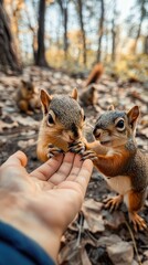Fototapeta premium Friendly Squirrels Approach a Hand in the Forest, Captivating Scenes of Nature and Wildlife Interactions, Perfect for Nature Lovers and Animal Enthusiasts.