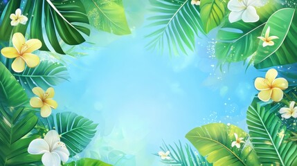 Naklejka premium Vibrant tropical foliage with delicate flowers creates a serene frame for text or images.