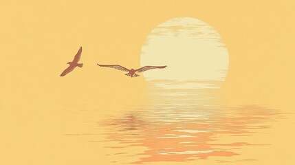 Naklejka premium Two birds fly in sunset over calm water.