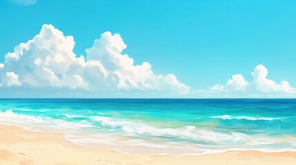 A serene beach scene featuring clear turquoise waters and fluffy white clouds against a vibrant blue sky.