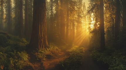 Fototapeta premium Sunlight filters through towering redwoods, illuminating a peaceful forest path. Lush greenery thrives in the serene atmosphere of the dawn.