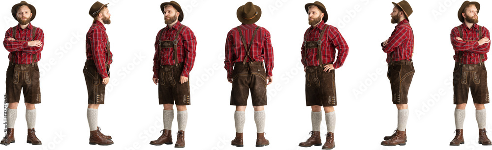 Wall mural Same bearded man in traditional Bavarian attire standing in various poses, isolated on transparent background. Front, side, and back view. Concept of Oktoberfest, profession. Development of movement