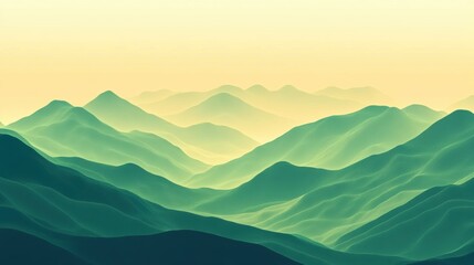 Obraz premium A serene landscape of rolling green mountains under a soft yellow sky at dawn.