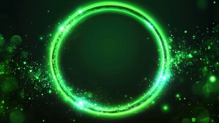 Obraz premium A vibrant green circular frame filled with sparkling particles and glowing elements.