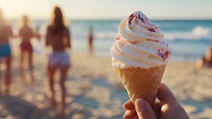 A hand holds a delicious soft-serve ice cream cone against a vibrant beach backdrop at sunset.