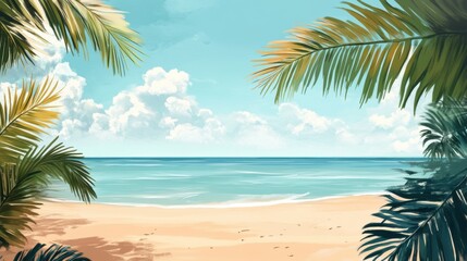 A serene beach scene with lush palm leaves framing a tranquil ocean view.