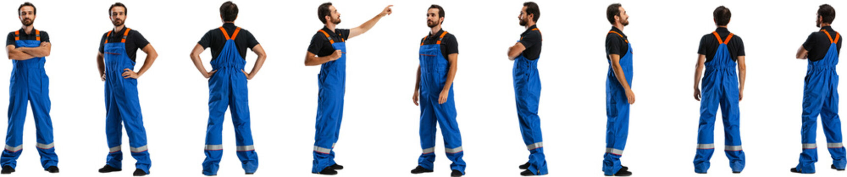 Collage. Man, construction worker in vibrant blue overalls and black shirt, pictured in variety of standing and gesturing positions isolated on transparent background. Front, side, and back view